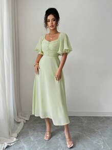 Modelyn Women's Solid Butter Yellow Chiffon Ruffle Sleeve Design Summer French Style Vacation Dress - Green - View 4