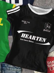 SHEIN 3件套少女复古街头风多巴胺蓝印花修身圆领短袖长款T恤，舒适夏季，轻松百搭，秋季叠穿，时尚休闲，印花服饰，返校季，秋季服装 - 彩色 - 查看 4