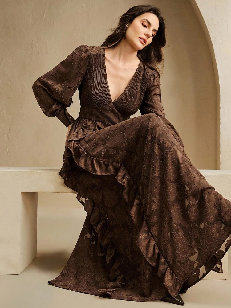 New Stylish Design V-Neck Floral Ruffle Hem Maxi Dress, Slimming