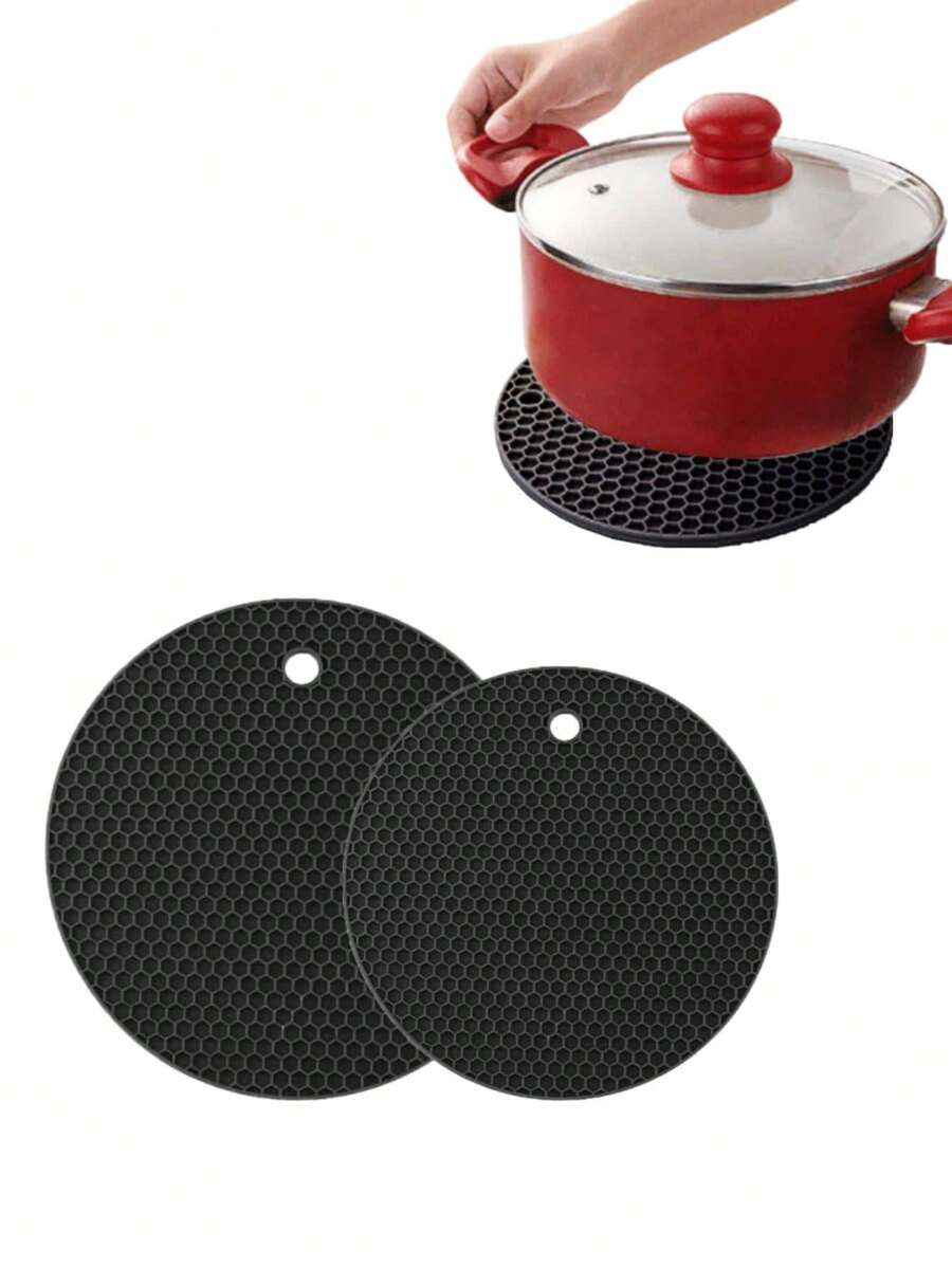 2pcs/Set Silicone Insulation Pad, Modern Black Honeycomb Textured Round Anti-Slip Hot Pot Mat For Table - Dark Grey - View 1