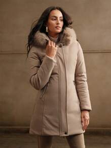 Anewsta Women's Waist Drawstring Hooded Jacket, Mid-Length - Khaki - View 6