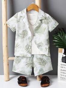 SHEIN 小男童熱帶圖案襯衫和短褲不帶T恤