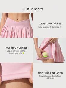 GLOWMODE Let's Play Sweat-Wicking Stretchy Mid-Rise Crossover Waist Pleated Tennis Skirt With Built-In Shorts Side Pockets Tennis Golf Daily - Bubblegum Pink - View 5