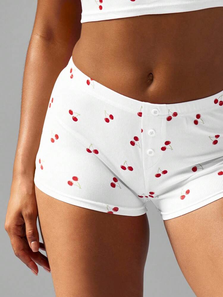 MISSGUIDED Women Cherry Print Summer Pajama Set Ribbed Sleepwear V Neck Crop Top Button Front Shorts Cozy Loungewear Nightwear Casual Home Wear