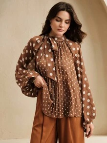 Anewsta Áo sơ mi chấm bi xếp ly buộc trước tay dài cho nữ, thanh lịch và đa năng cho cả trang phục công sở và thường ngày - màu nâu - Xem 3