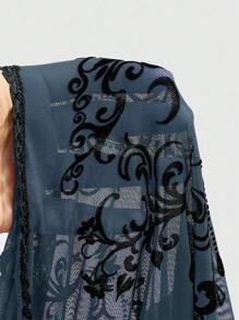 ROMWE Goth 大码女式浪漫哥特式复洛克月亮花卉植绒纹理不对称流苏下摆衬衫披肩，蓝绿色，适合春夏季假期、万圣节 - 藍色 - 查看 5