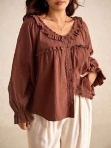 Elaquor 大码女式纯色荷叶边单排扣长袖时尚衬衫 - 咖啡棕 - 查看 5