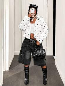 BamGleam Women's Polka Dot Casual Long Sleeve Zip Front Winter Jacket Fall Cloth For Women