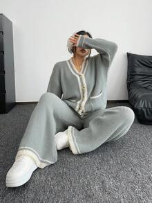 POPSWAY Conjunto de cardigan de punto con bolsillos y botones delanteros + pantalones de punto holgados para mujer de talla grande, adecuado para usar en primavera, otoño e invierno, apropiado para uso casual, de ocio y para ir al trabajo - Gris Claro - Ver 6