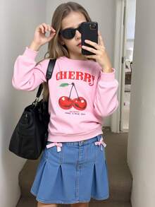 2pcs/Set Tween GirlsSweatshirt Outfit, Casual & Fashionable Sweet Style, Cherry Print Pink Crew Neck Pullover Sweatshirt & Simple Versatile Sweet Bow Skirt, Suitable For Daily Wear, School, Gathering - Pink - View 7