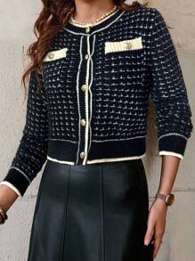 SHEIN Clasi Cárdigan de punto ajustado con cuello redondo, manga larga y botones de mujer con contraste de color para otoño/invierno - Negro - Ver 6