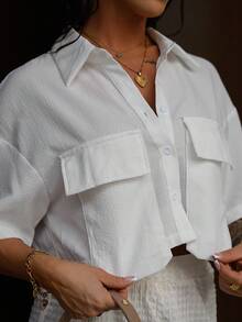 SAYEHFBABY Áo sơ mi tay ngắn cổ bẻ dáng rộng màu trắng hở vai cho nữ 2025 mới, áo cánh cho nữ, xuân/hè, trang phục thường ngày, lễ hội âm nhạc - trắng - Xem 3