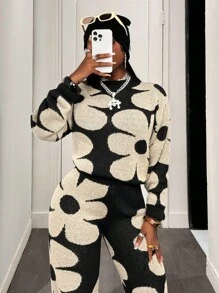 BamGleam 女士休闲花卉图案针织毛衣和裤子两件套，秋冬 - 杏色 - 查看 7