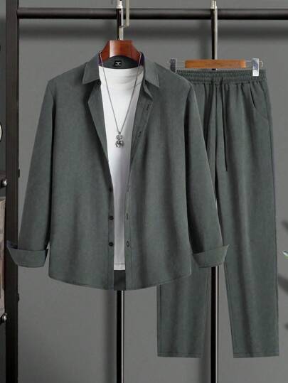 Manfinity Homme 2pcs Men's Casual Solid Color Shirt And Pants Grey 2-Piece Leisure Set, Long Sleeve Shirt And Pants, Old Money Style,Fall Clothes, Cozy Outfits