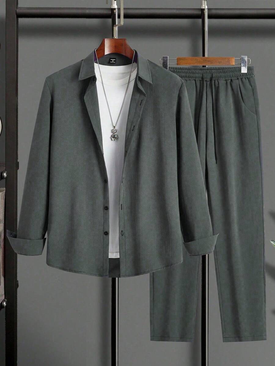 Manfinity Homme 2pcs Men's Casual Solid Color Shirt And Pants Grey 2-Piece Leisure Set, Long Sleeve Shirt And Pants, Old Money Style,Fall Clothes, Cozy Outfits