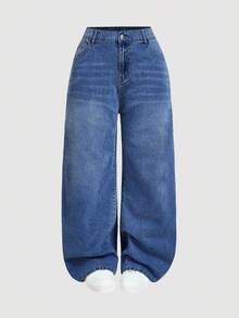 SHEIN PETITE CURVE 大码女式蓝色口袋休闲宽松直筒牛仔裤 - 中等水洗藍 - 查看 3