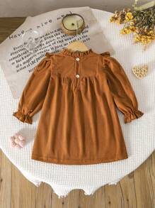 SHEIN Vestido Casual de Outono/Inverno para Meninas Bebê com Bloco de Cores Elegante e Decoração de Laço - Castanho - Visão 2