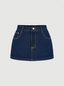 Maija Plus Size Women's Non-Stretch Denim Mini Skirt, Dark Blue Washed Denim Fabric, Anti-Exposure Underskirt,Fall Clothes For Women