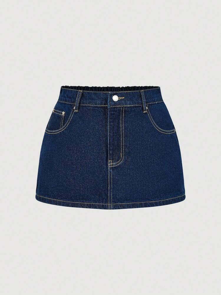 SHEIN Maija Plus Size Women's Non-Stretch Denim Mini Skirt, Dark Blue Washed Denim Fabric, Anti-Exposure Underskirt,Fall Clothes For Women