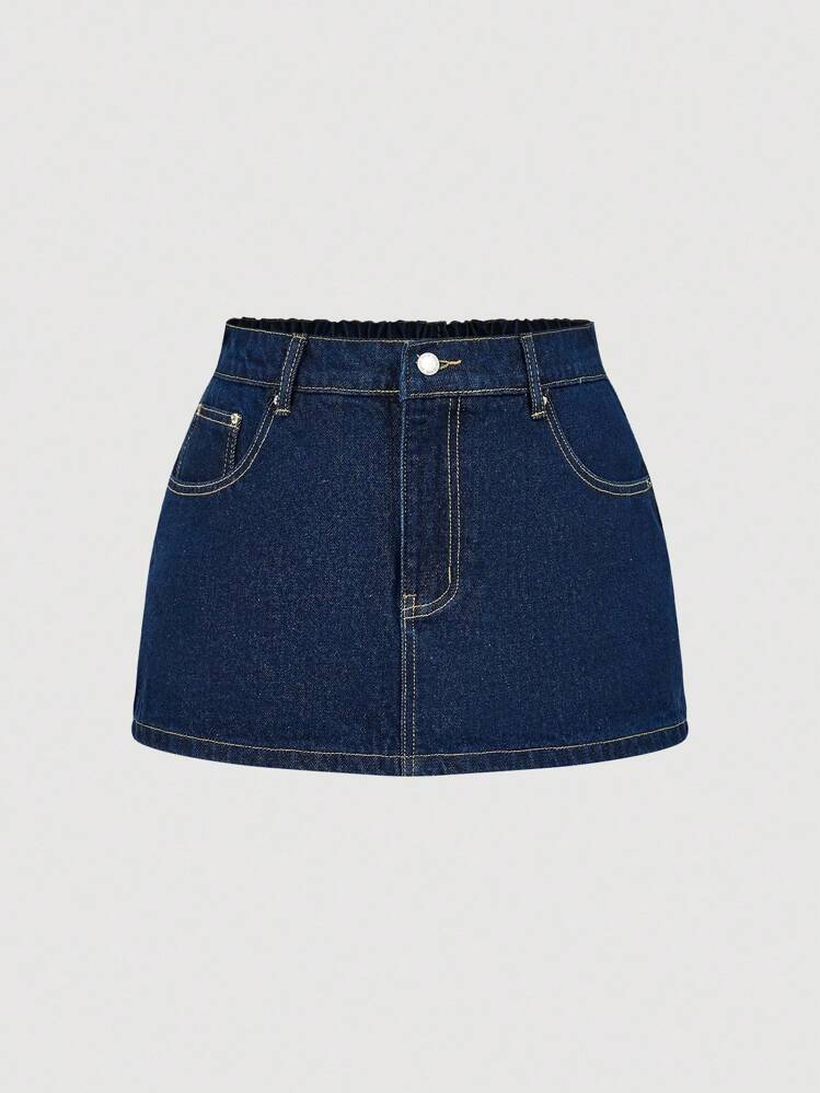 Maija Plus Size Women's Non-Stretch Denim Mini Skirt, Dark Blue Washed Denim Fabric, Anti-Exposure Underskirt,Fall Clothes For Women - Dark Wash - View 7