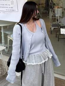 DAZY 2pcs French Romantic Lace Patchwork Cardigan Sweater Set Fall - Baby Blue - View 6