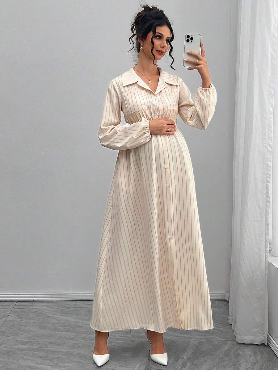 SHEIN Maternity Casual Commuter Striped Front Button Long Dress - Baby Blue - View 1