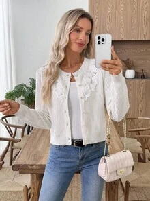 EMERY ROSE New Autumn/Winter Slim Fit Vintage Rejuvenating Gentle Elegant Versatile Lace Crochet Cardigan For Women Fall Back To School - White - View 5