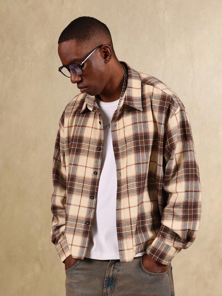 Oversized Plaid Flannel Button Down Shirt With Chain Detail