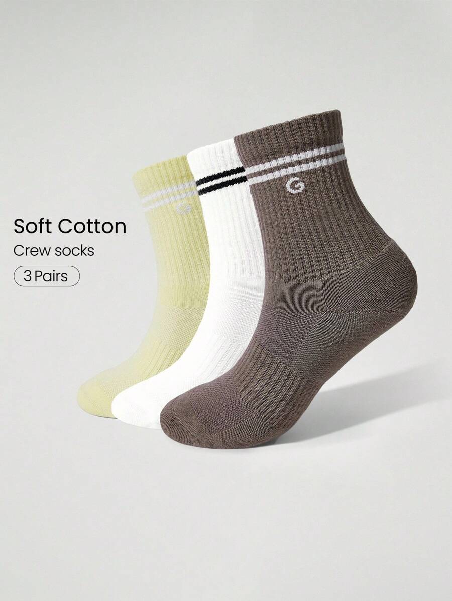 GLOWMODE 3 đôi tất cotton kẻ sọc cổ điển, mềm mại, thoáng khí, chất liệu lưới với logo dệt jacquard, thích hợp cho tập luyện, mặc hàng ngày và mùa thu đông. - Nhiều màu - Xem 1