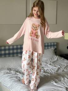 Hapijoa 青少年女孩字母和卡通熊印花长袖上衣和裤子睡衣套装 - 粉色 - 查看 2