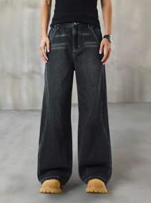 SHEIN Explorewe 青少年男孩街头时尚破洞拼接黑色豹纹侧拼接宽松阔腿松紧腰带牛仔裤 - 黑色 - 查看 9