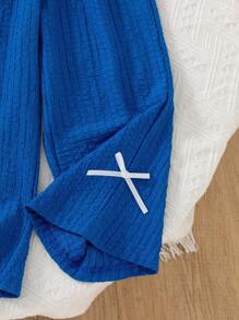 2pcs Young Girls Textured Fabric T-Shirt With 3D Floral Decor & Casual Pants Set, Suitable For Casual Wear At Home Or Outdoor Two Pieces Pants Set Kids Blue Kid Sets Crop Top Set For Kids Kids Summer Sets Girls Two Pieces Set - Blue - View 3