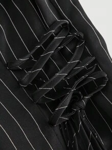 SHEIN MOD V-Neck Sleeveless Side Tie Waist Straight Pants Black Striped Suit Set,Early Autumn Outfit Back To School Preppy Tops 2pcs Set Khaki Pants Old Money Style,Business Casual Women,Office Wear Women Set.Striped Black Set,Professional Clothes - Black - View 4