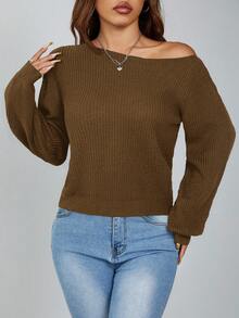 SHEIN PETITE 女款棕色毛衣，秋季休閒日常露肩上衣，斜肩坑條紋套頭衫，長袖不對稱毛衣，適合秋冬，小碼女款 - 棕色 - 查看 5