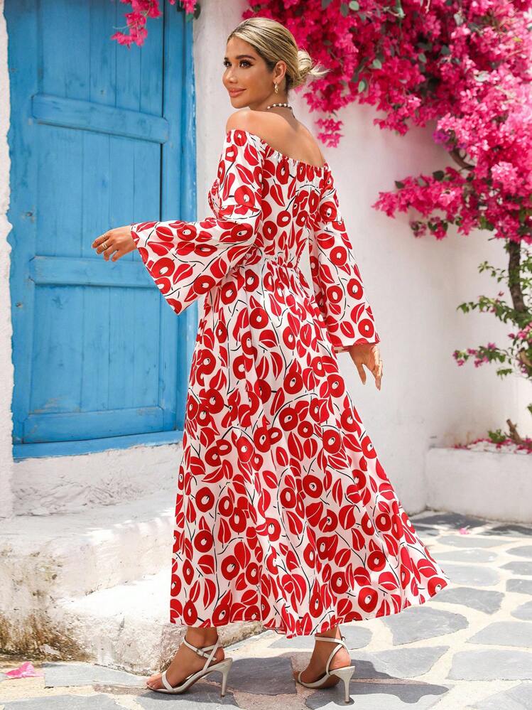 red and white floral wrap dress Floral Print Side Tie Wrap Maxi Dress Ivory / Small