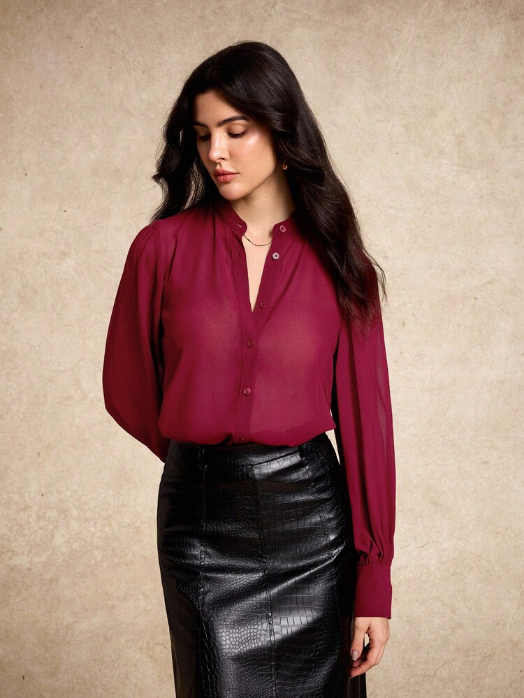 House of One 纽扣式灯笼长袖勃艮第红色雪纺衬衫女士休闲上衣透明衬衫红色衬衫勃艮第上衣女士红色上衣 - 酒紅色 - 查看 4