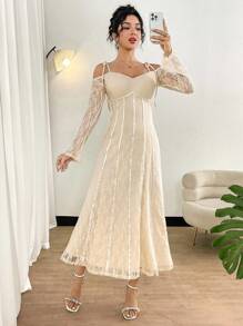 Modelyn Damen elegantes einfarbiges Spitzen Off-Shoulder Kleid - Aprikosenfarben - Übersicht 6
