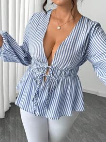 SHEIN LUNE Plus Size Women's Woven Striped Shirt, All Season Fall Cloth For Women - Multicolor - View 4