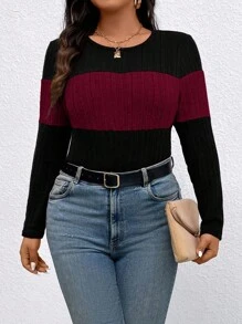 EMERY ROSE Plus Size Contrast Color Round Neck Ribbed Long Sleeve Casual T-Shirt Graphic Tees Women Tops For Spring Fall - Multicolor - View 4