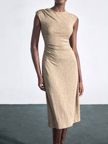 Maija Robe minimaliste à manches lanternes, col rond, taille creuse et ourlet évasé. Polyvalente pour les occasions urbaines modernes, les festivals et les fêtes - Gris - Voir 4