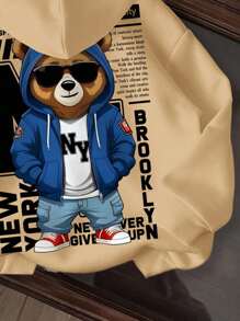 男童休闲卡通熊图案加厚卫衣，适合秋冬季穿着 - 卡其色 - 查看 4