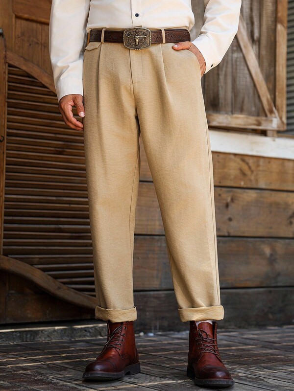 Manfinity Nomadique Pantalones casuales y versátiles para hombre, de unicolor, con corte entallado, pantalones holgados color caqui, pantalones tipo barril color caqui, pantalones beige para hombre, otoño