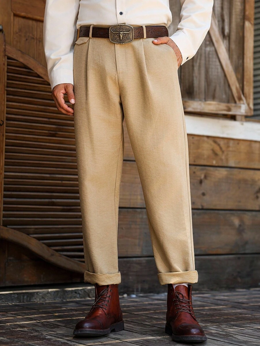 Manfinity Nomadique Men's Casual Versatile Commuter Solid Color Tapered Pants Baggy Khaki Pants Khaki Barrel Pants Beige Pants For Men, Fall - Khaki - View 1