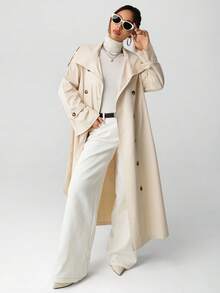 SHEIN ICON 女士中长款高领优雅通勤风衣秋冬 - 卡其色 - 查看 1