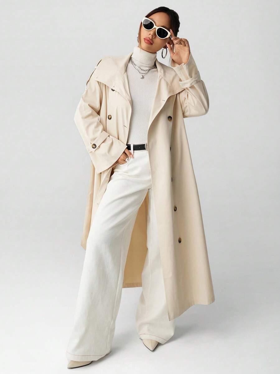 SHEIN ICON 女士中长款高领优雅通勤风衣秋冬 - 卡其色 - 查看 1