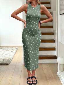 SHEIN LUNE 女士休闲花卉图案圆领修身中长连衣裙，适合夏季，女士休闲连衣裙，时尚连衣裙，女士秋季服装，女士度假连衣裙 - 綠色 - 查看 4