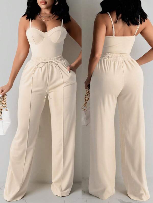 INAWLY Sexy Slim-Fit Camisole And Straight-Leg Pants Two Pieces Set, Casual & Elegant For Women