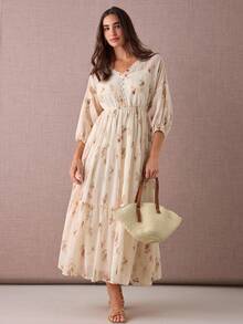 Enchnt 女士优雅全印花连衣裙，适合度假穿着 - 黃色 - 查看 4