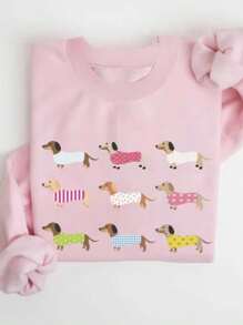Tween Girls Dachshund Dog Print Thermal Lined Crew Neck Long Sleeve Sweatshirt, Autumn/Winter - Pink - View 1