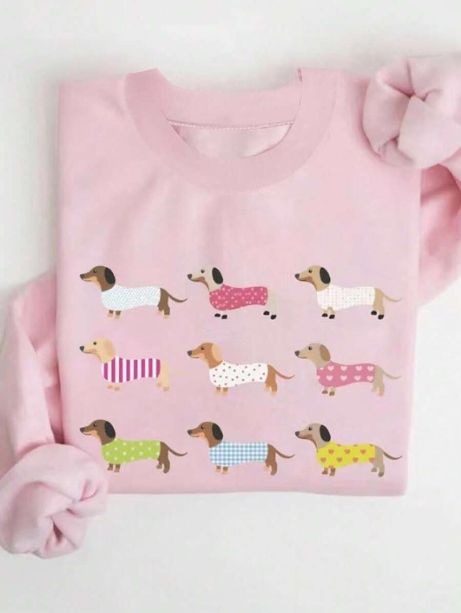 Tween Girls Dachshund Dog Print Thermal Lined Crew Neck Long Sleeve Sweatshirt, Autumn/Winter - Pink - View 1